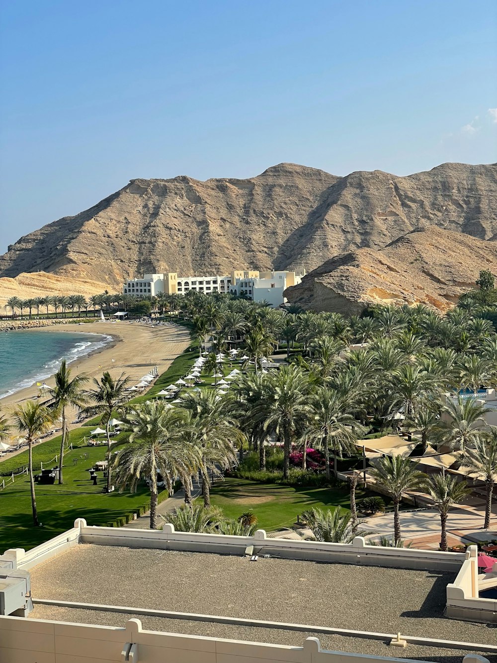 a view of a beach with a mountain in the background