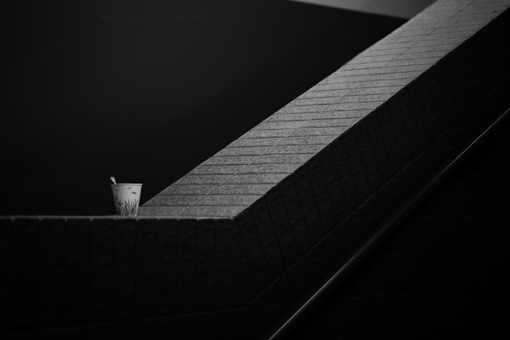 a black and white photo of a cup on a ledge
