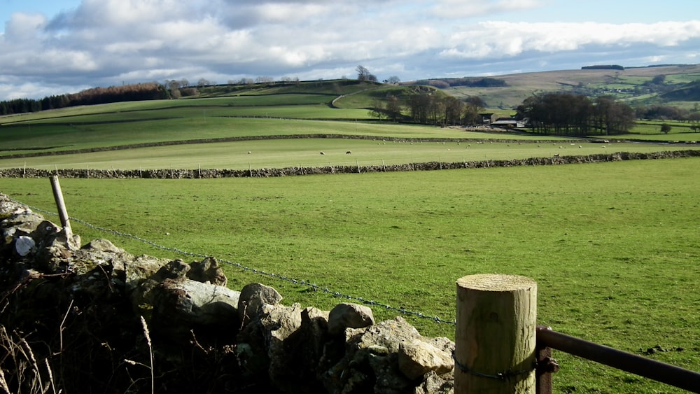 a field with a fence and a stone wall