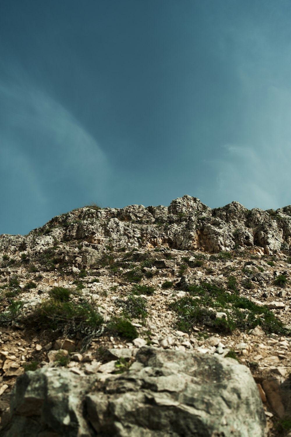 a rocky mountain with a few trees growing on top of it