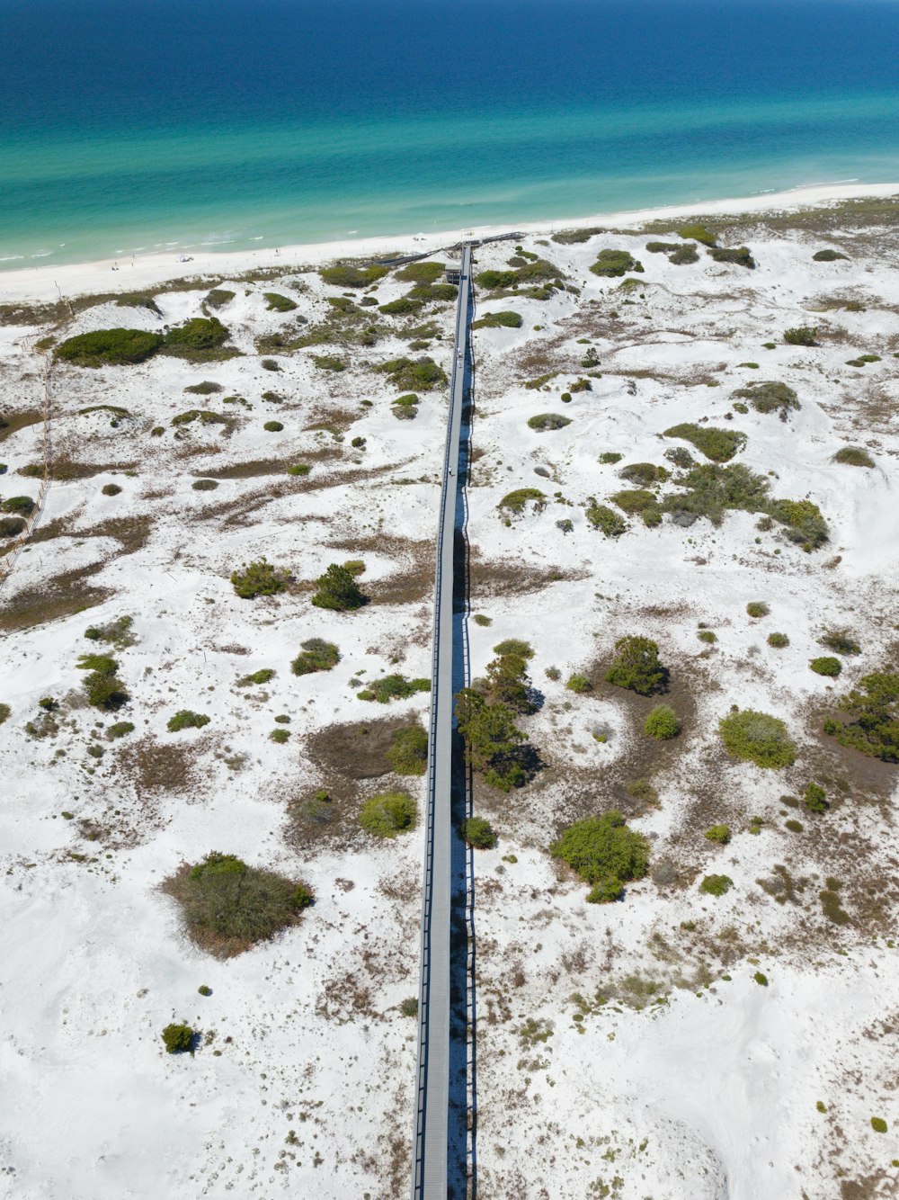 an aerial view of a train traveling through the desert