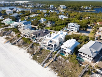 a bird's eye view of a beachfront home