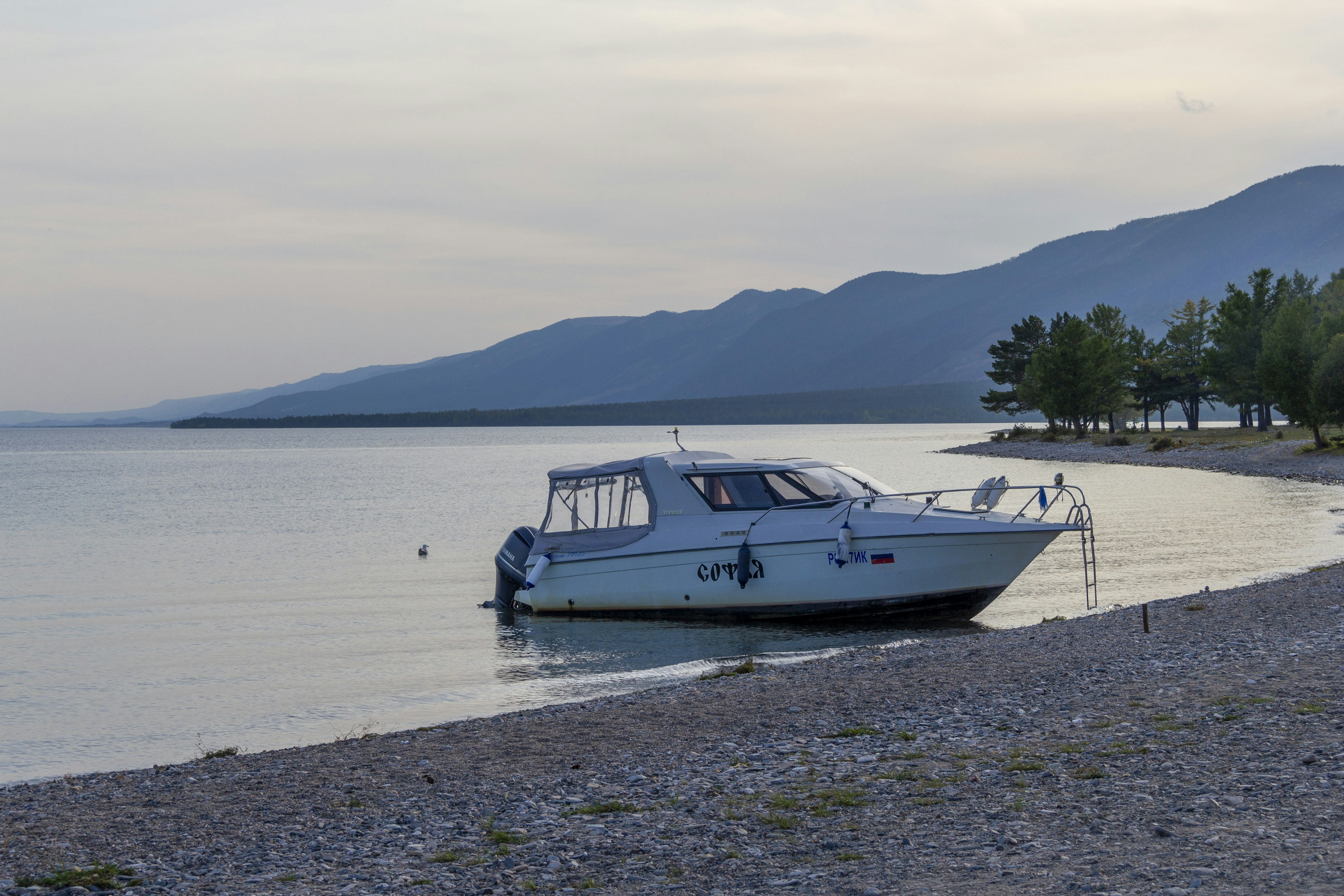a boat is docked on the shore of a lake