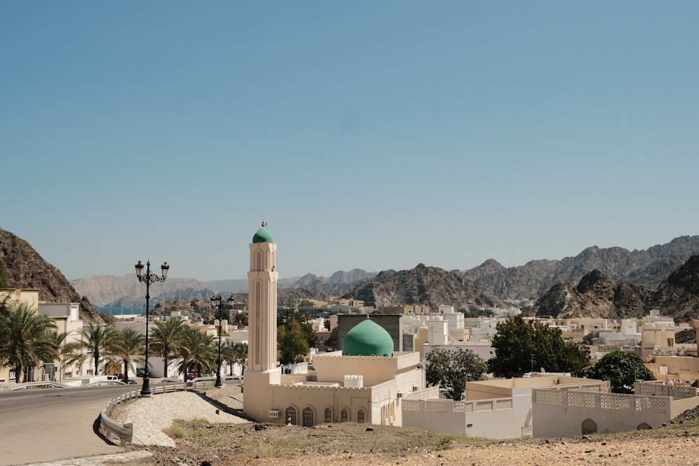 a city with mountains in the background