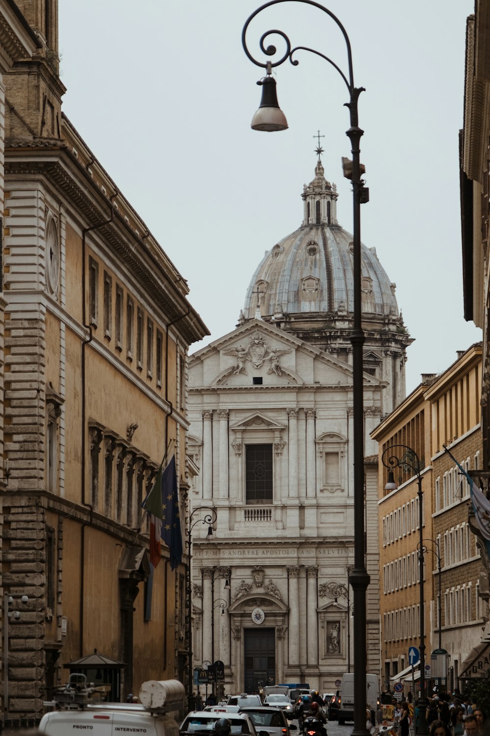 a street scene with a church in the background