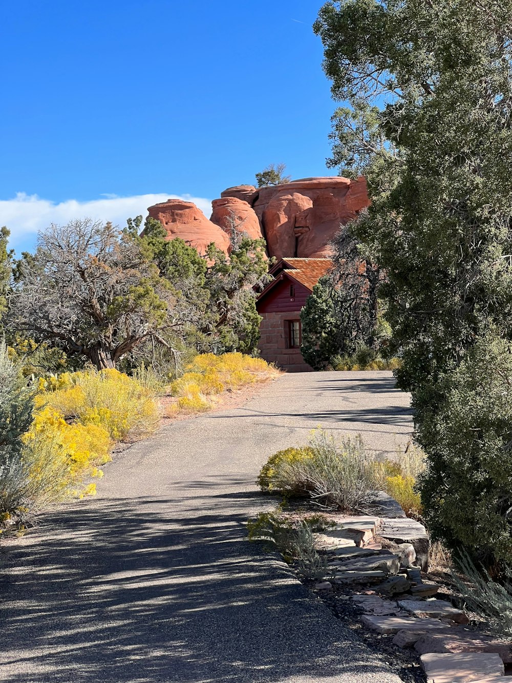 a dirt road with a rock formation in the background