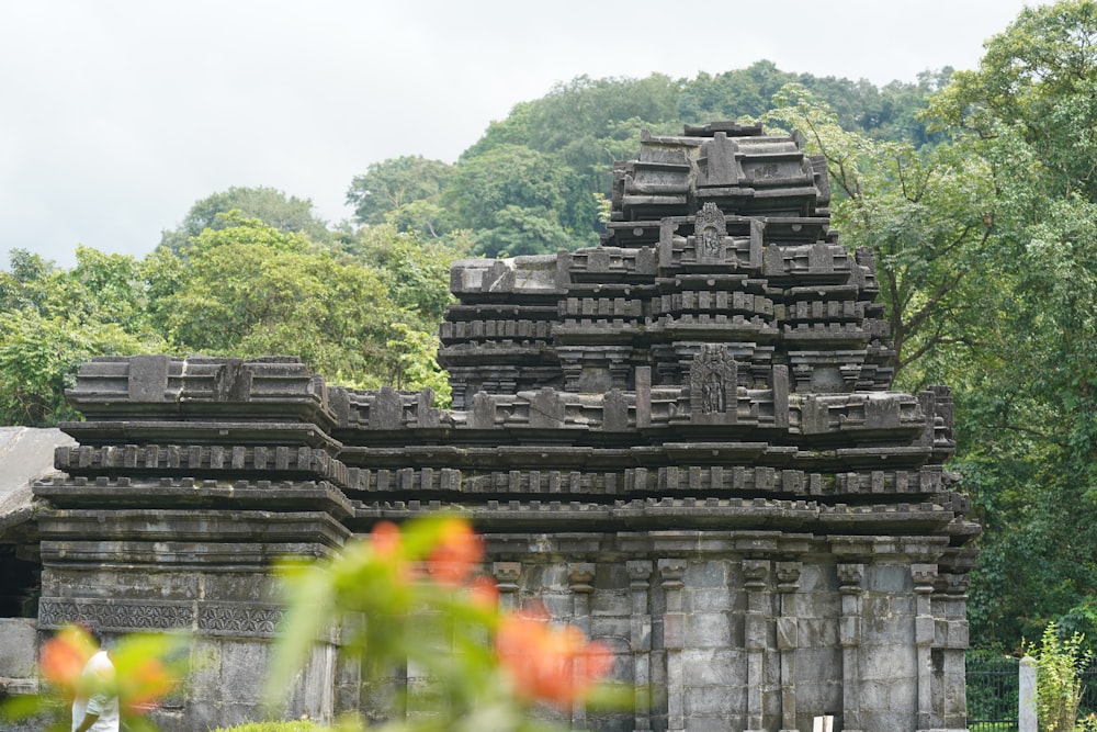 a large stone structure in the middle of a forest