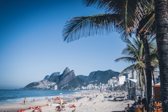 a crowded beach with a mountain in the background