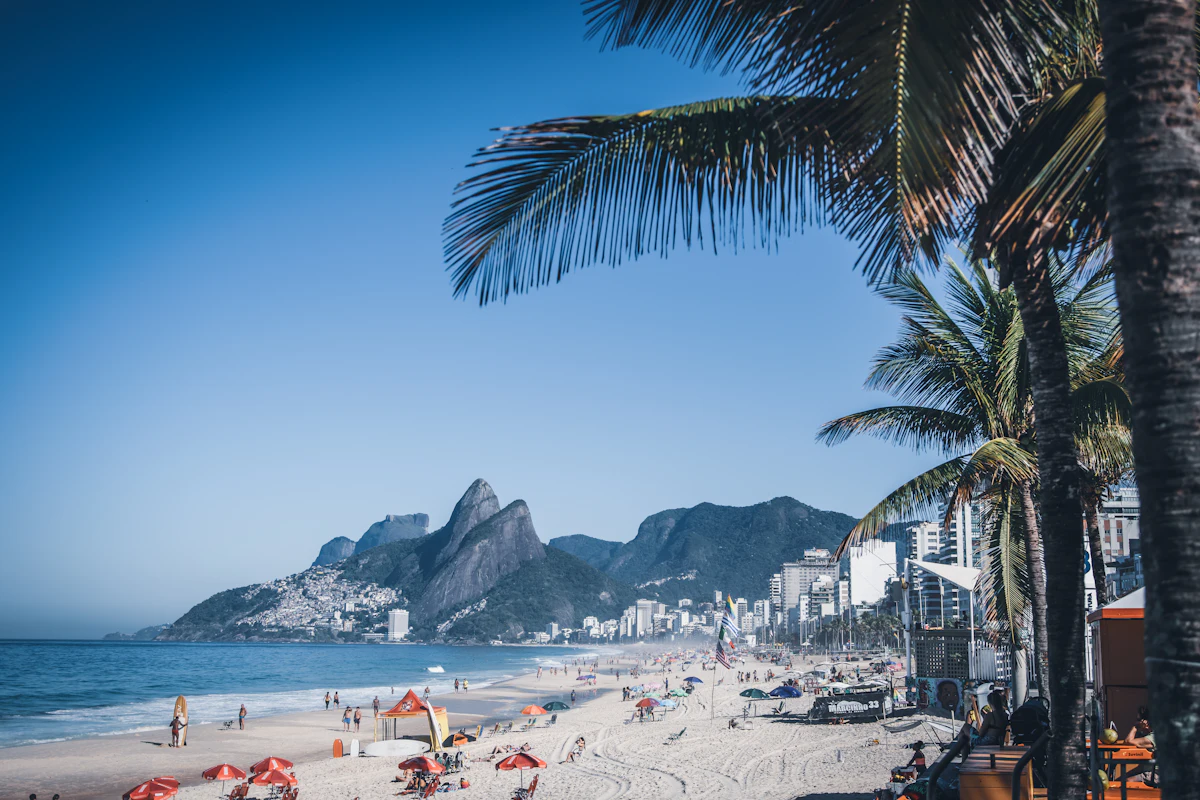 Copacabana Beach in Rio de Janeiro with its curving shoreline and city skyline
