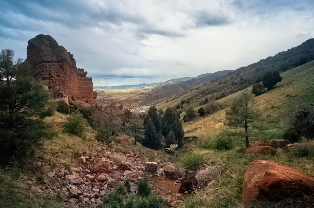 a view of a valley with a mountain in the background