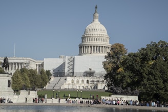 a group of people standing in front of the capitol building
