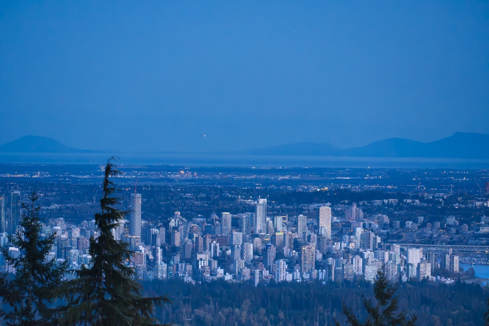 a view of a city at night with mountains in the background