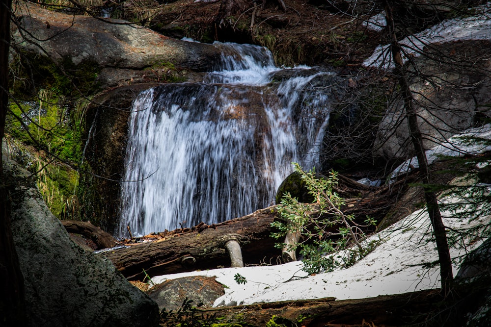 a waterfall in the woods with snow on the ground