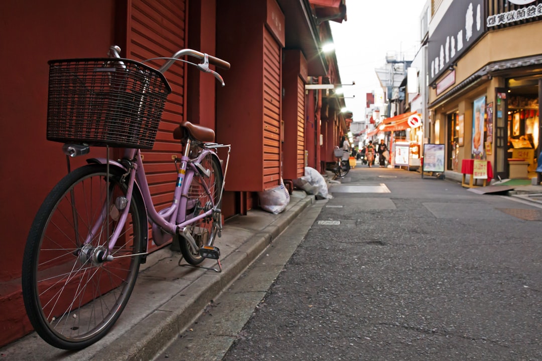 a purple bike parked next to a red building, A bike is parked at Asakusa Nakamise shopping street in the evening.