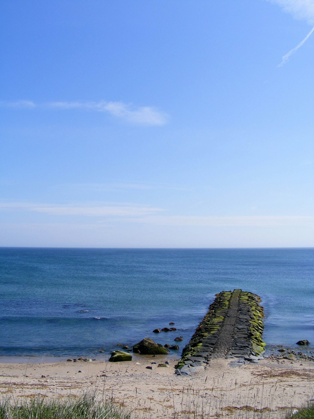 a bench sitting on top of a sandy beach next to the ocean