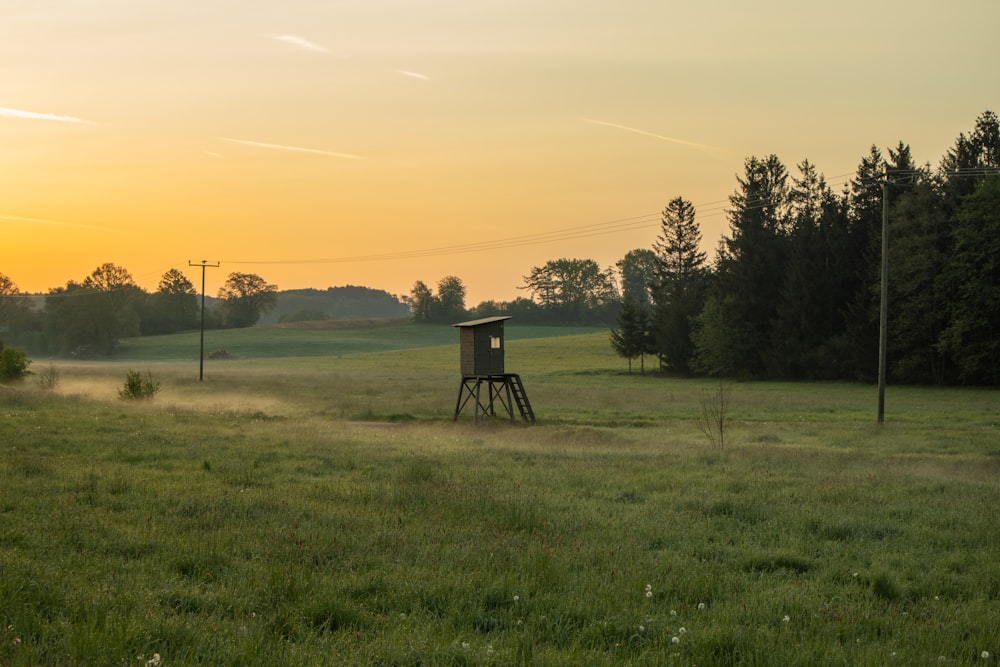 a grassy field with a small structure in the middle of it