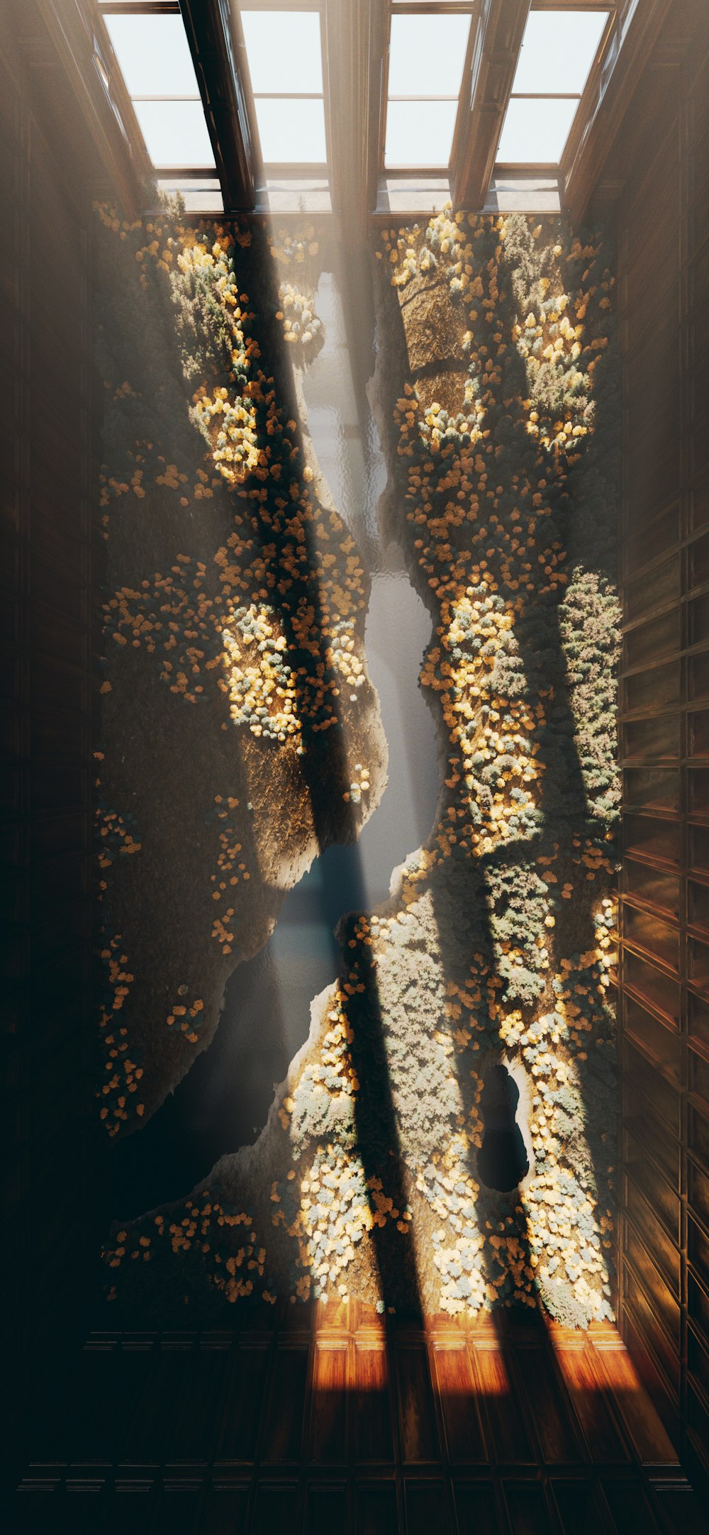 a room with a view of a stream of water