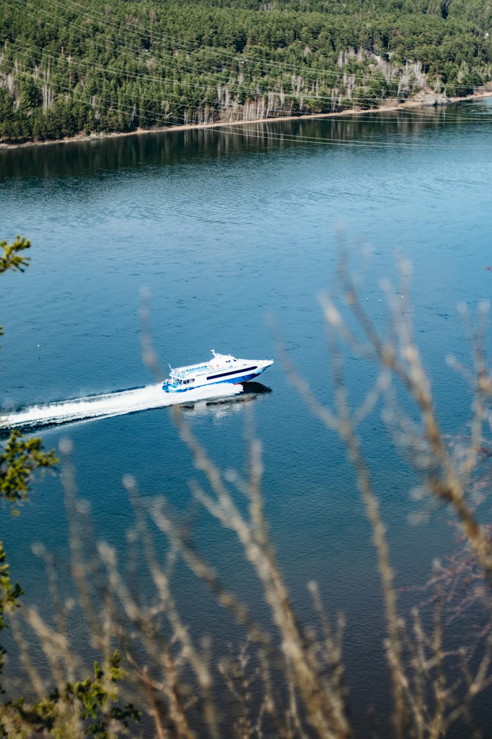 a boat is traveling on the water near a wooded area