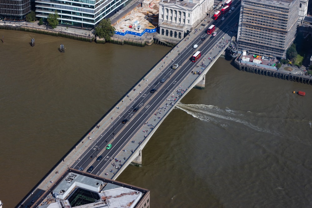 an aerial view of a bridge over a river