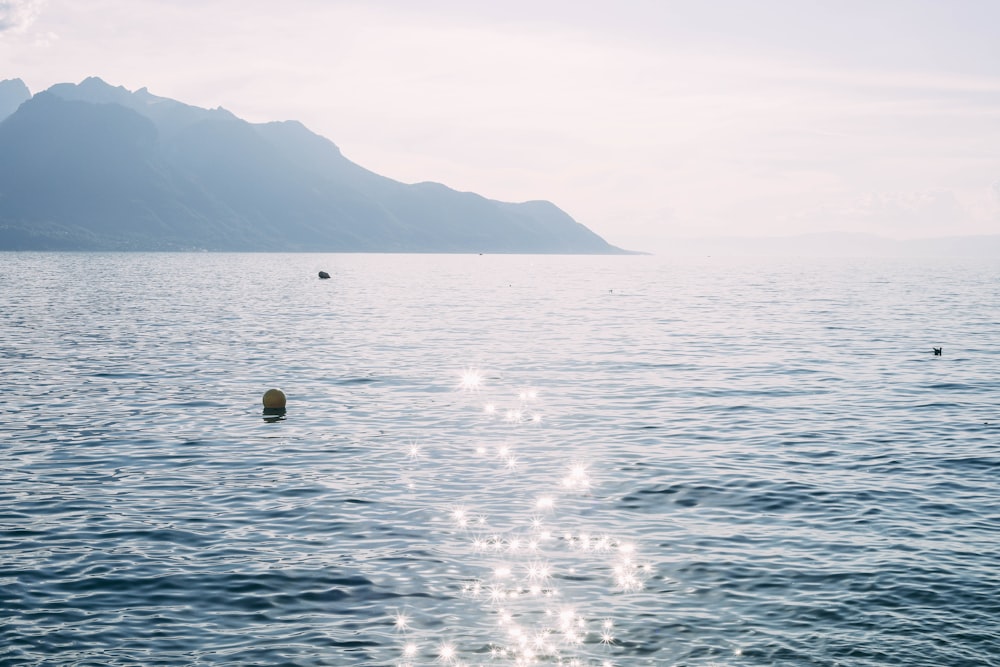 a body of water with mountains in the background