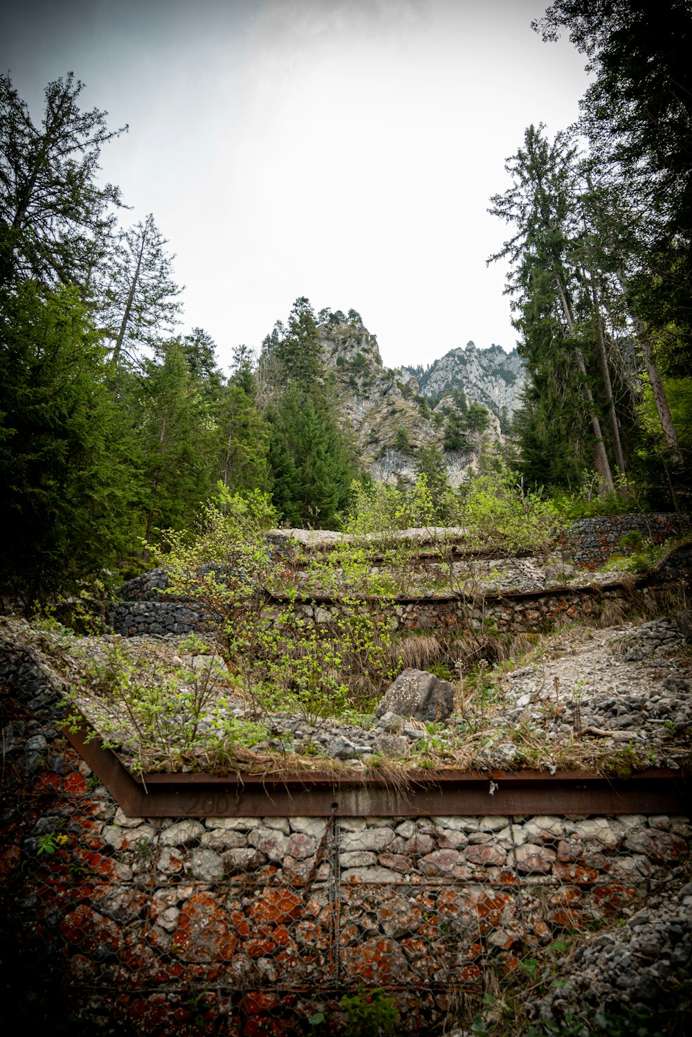 a stone wall with trees in the background