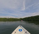 a view from a kayak of a river with trees in the background