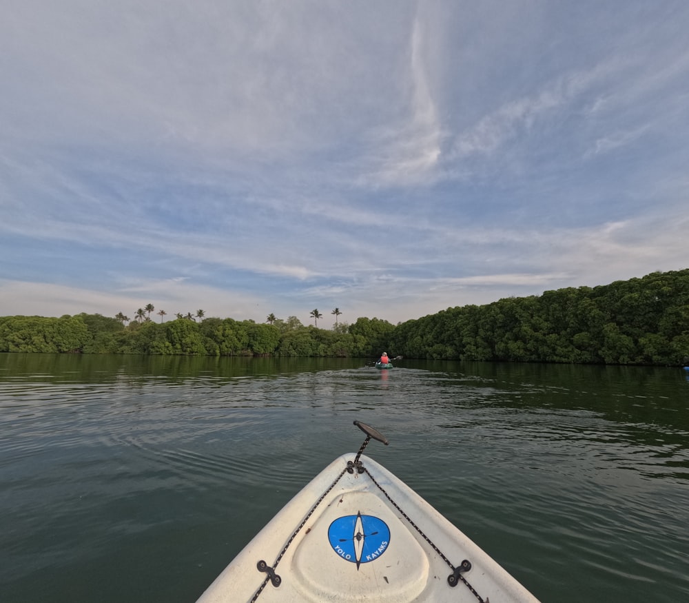 a view from a kayak of a river with trees in the background