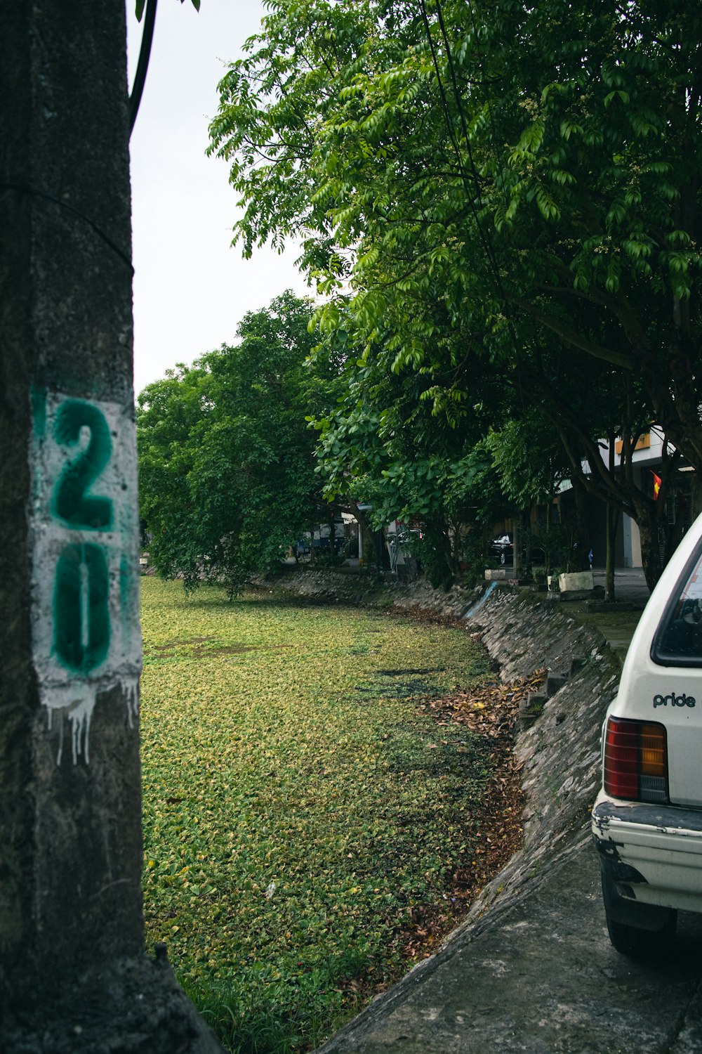 a white car parked on the side of a road