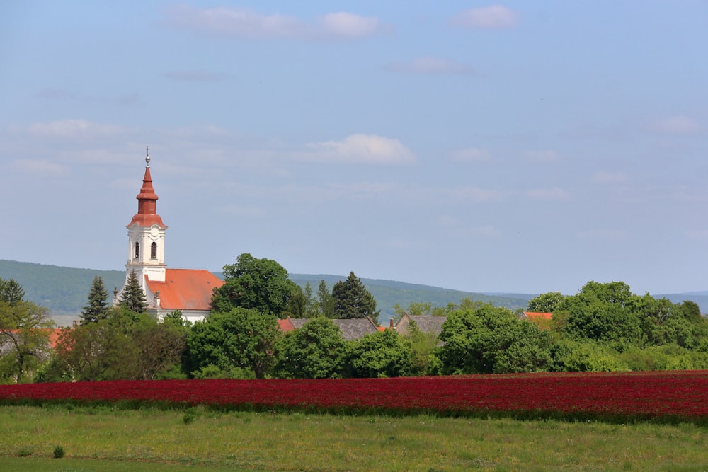 a church with a steeple surrounded by trees