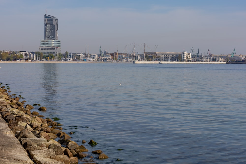 a body of water with a city in the background