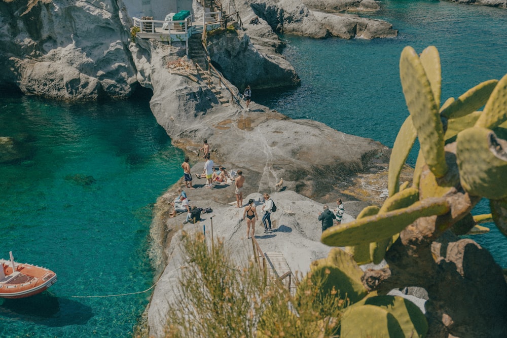 a group of people standing on top of a cliff next to a body of water