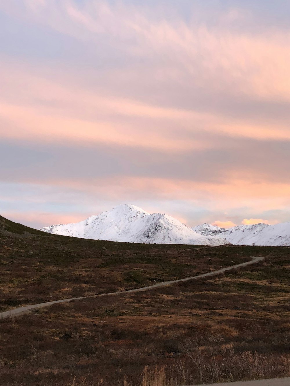 a road going through a field with snow covered mountains in the background