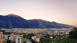 a view of a city with mountains in the background