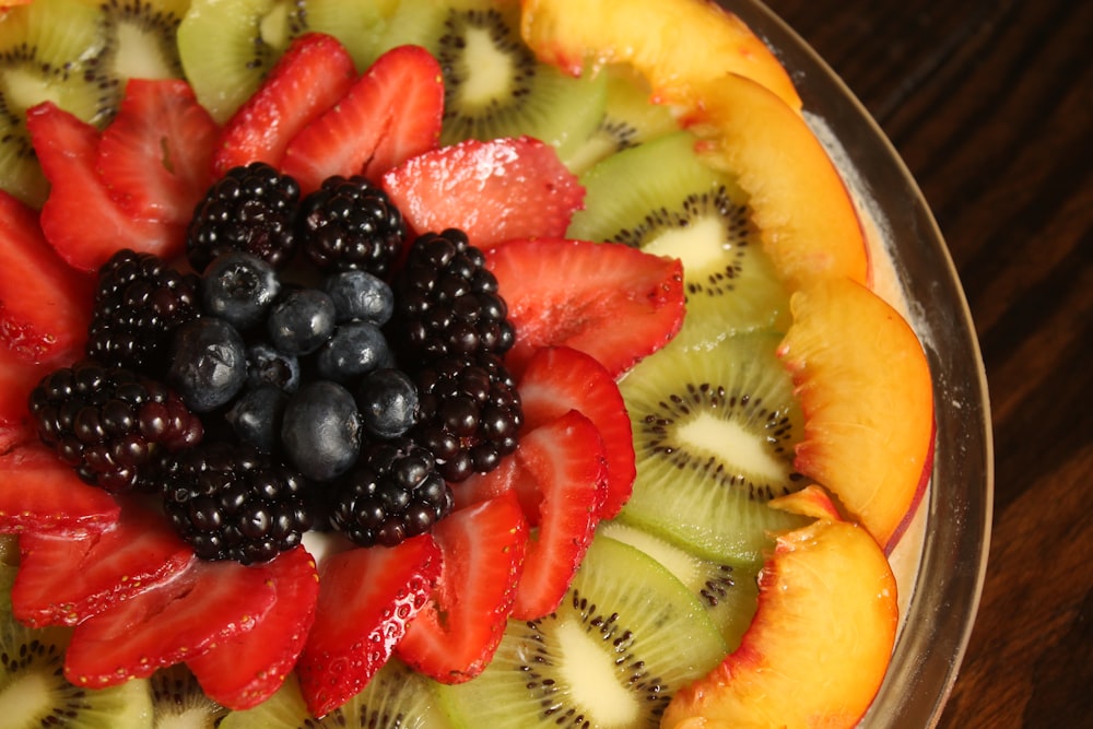 a close up of a plate of fruit on a table