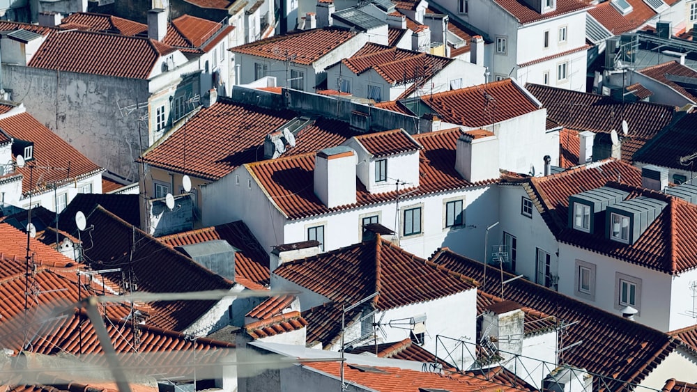 a large group of houses with red roofs