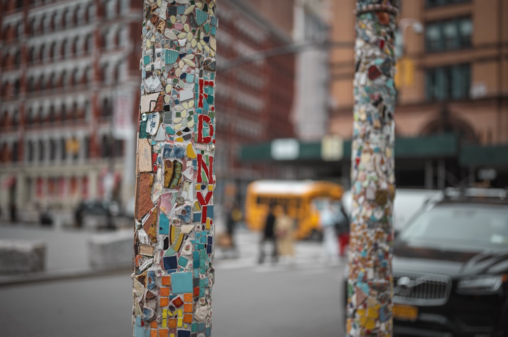 a couple of poles that have some stickers on them