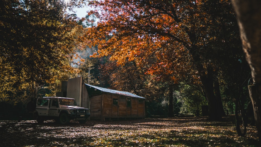 a truck parked in front of a cabin in the woods