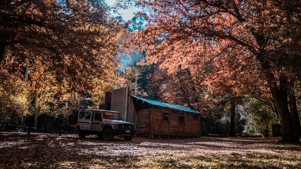 a truck parked in front of a cabin in the woods