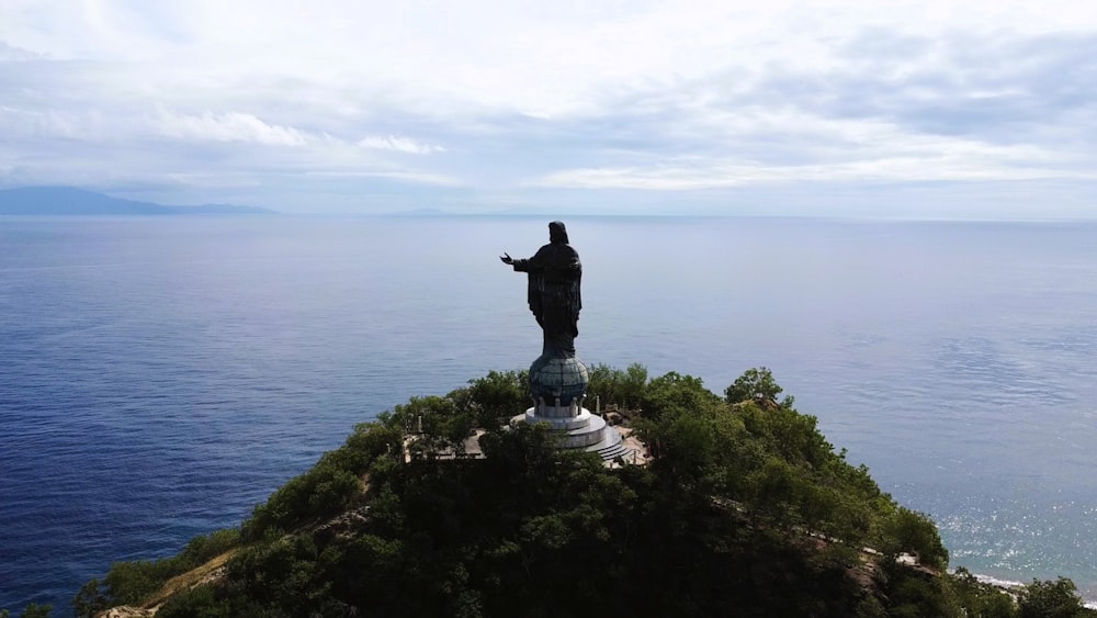 a person standing on top of a hill next to the ocean