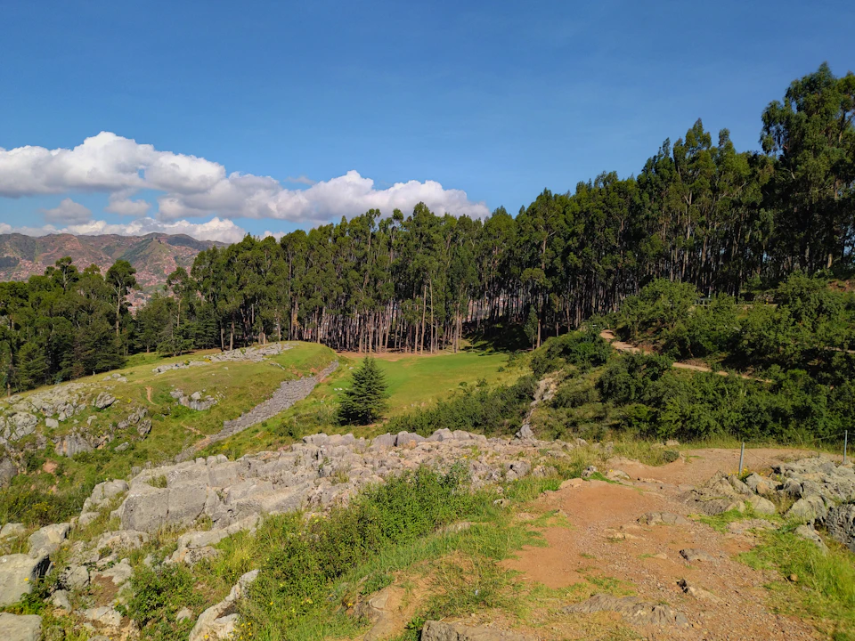 The image depicts a serene landscape with a lush, green field dotted with trees and shrubs. The field is bordered by a rocky cliff on one side and a dirt path on the other. In the distance, there are mountains rising against a clear blue sky with white clouds scattered across it.