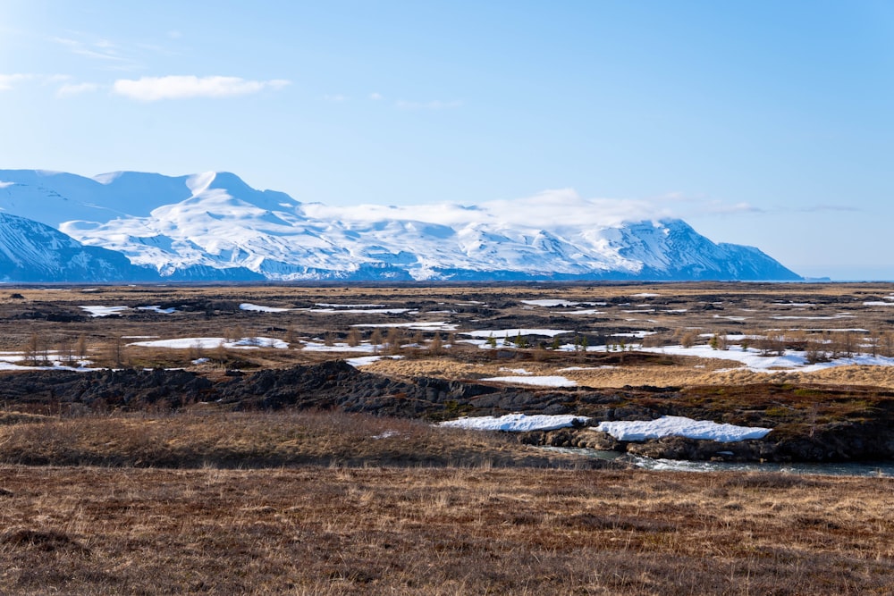 a snowy mountain range in the distance with a stream running through it