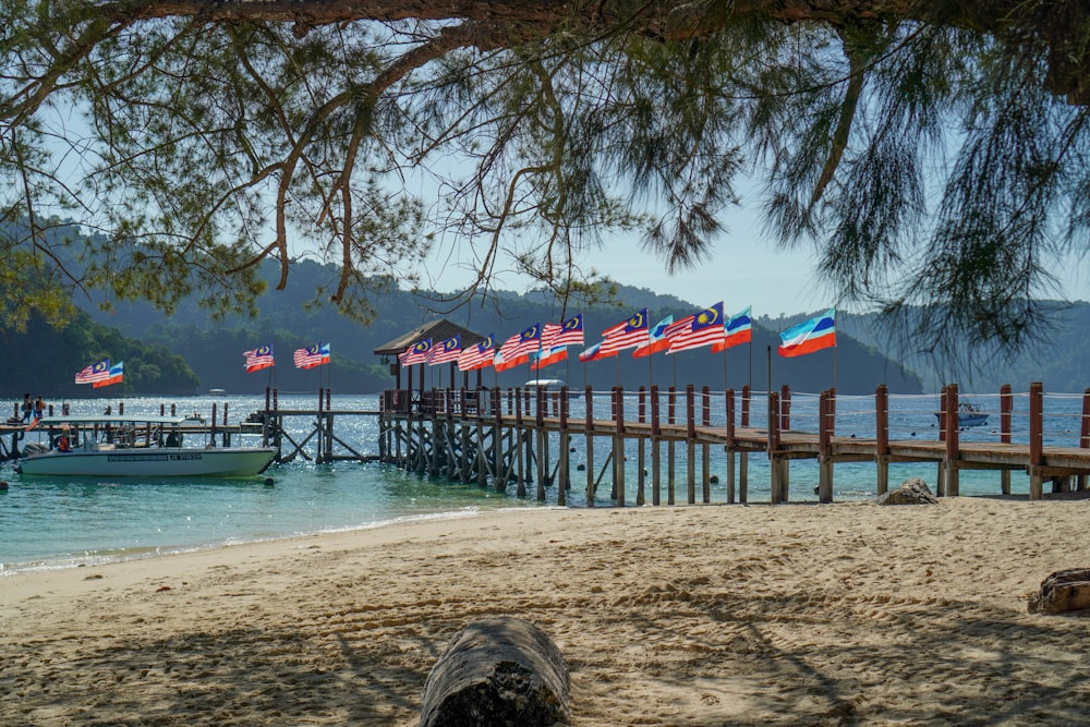 a beach with a pier and many flags on it