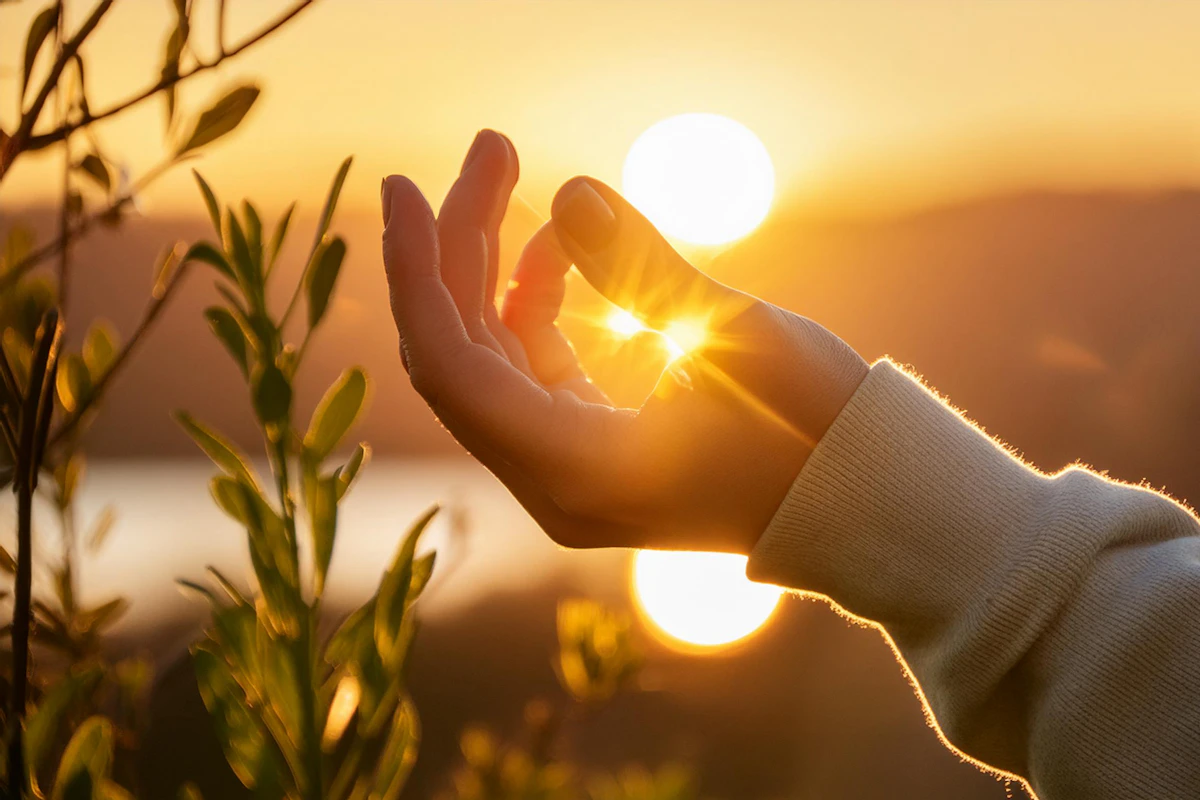 A woman's hand reaching toward the sun