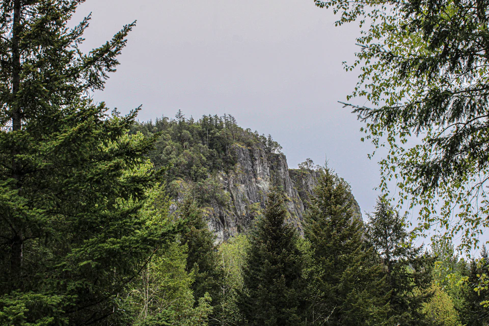 The image depicts a serene mountain landscape with a large rock formation on the right side, partially obscured by lush green trees and bushes. The sky above is painted in shades of gray, suggesting an overcast day or early morning hours. The perspective of the photo is taken from below, looking up at the towering rock formation against the backdrop of the cloudy sky.