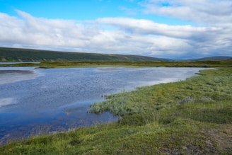 a large body of water surrounded by a lush green field