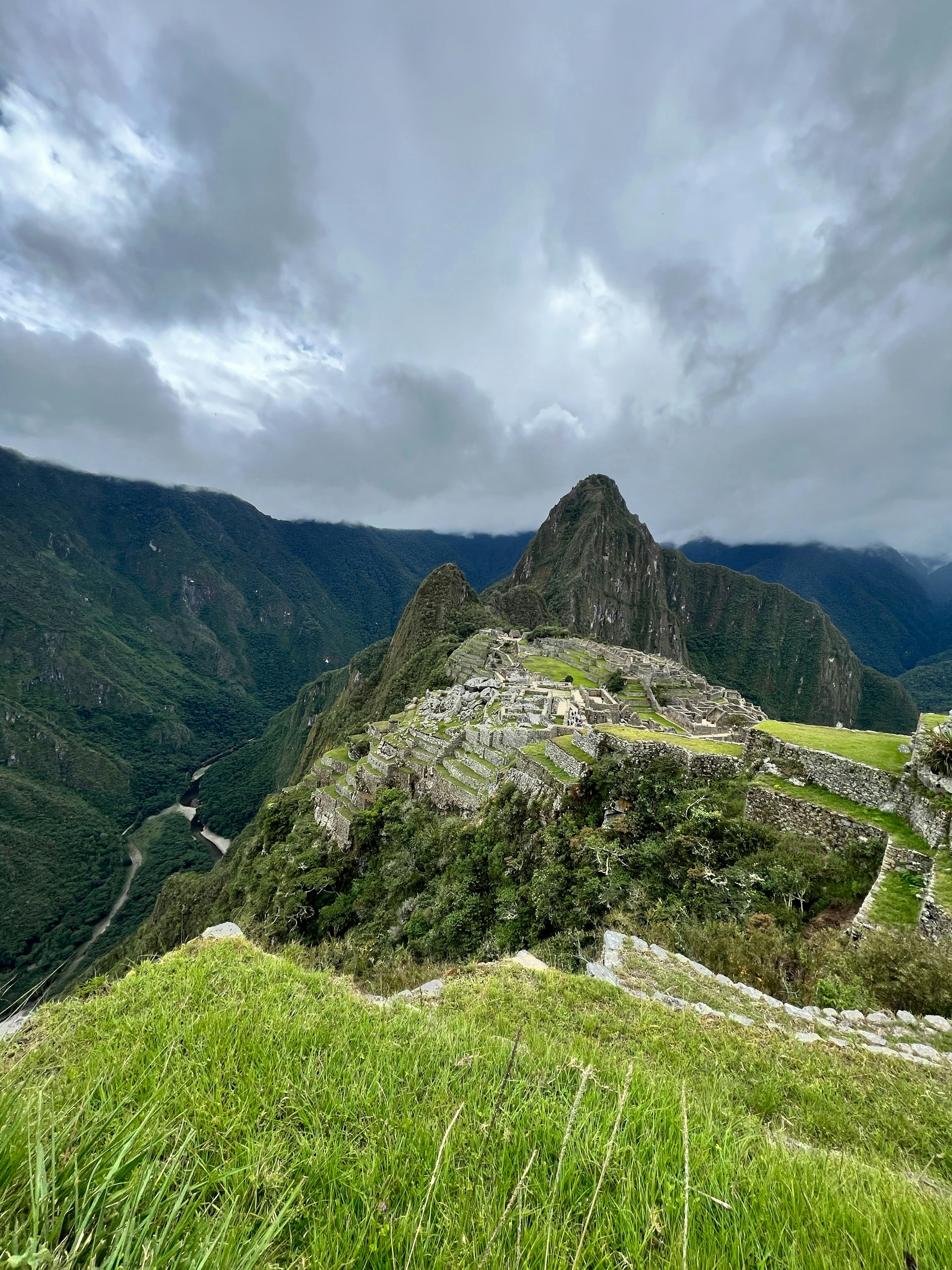 a view of a mountain with a grassy area in the foreground