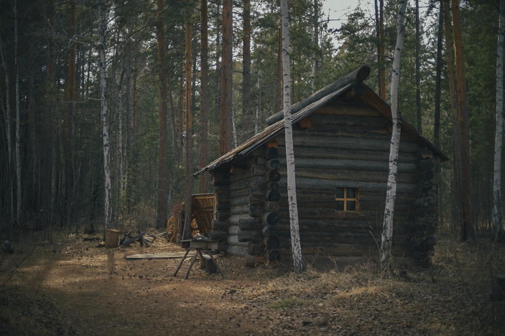 eine Blockhütte im Wald mit einem Kreuz an der Tür