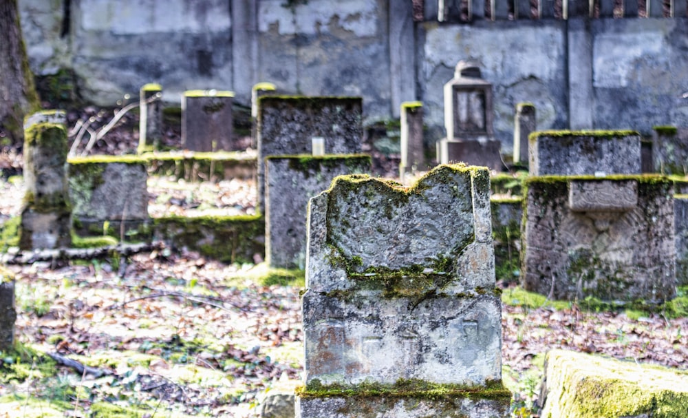 an old cemetery with moss growing on the headstones