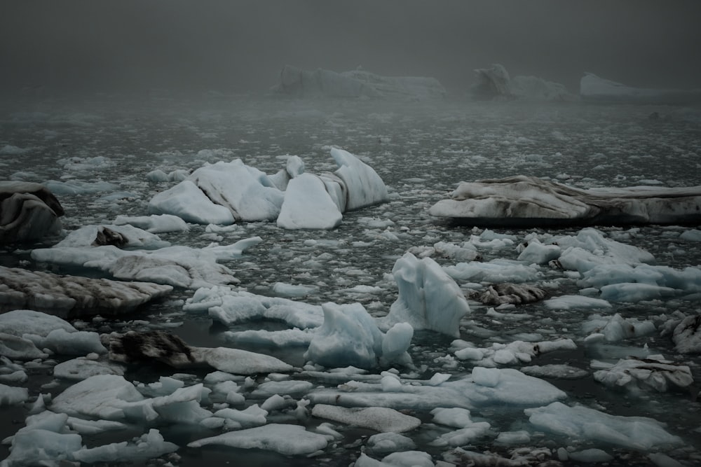 a group of icebergs floating on top of a body of water