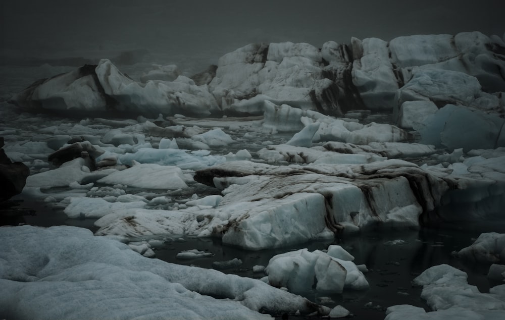 a large amount of ice floating on top of a body of water